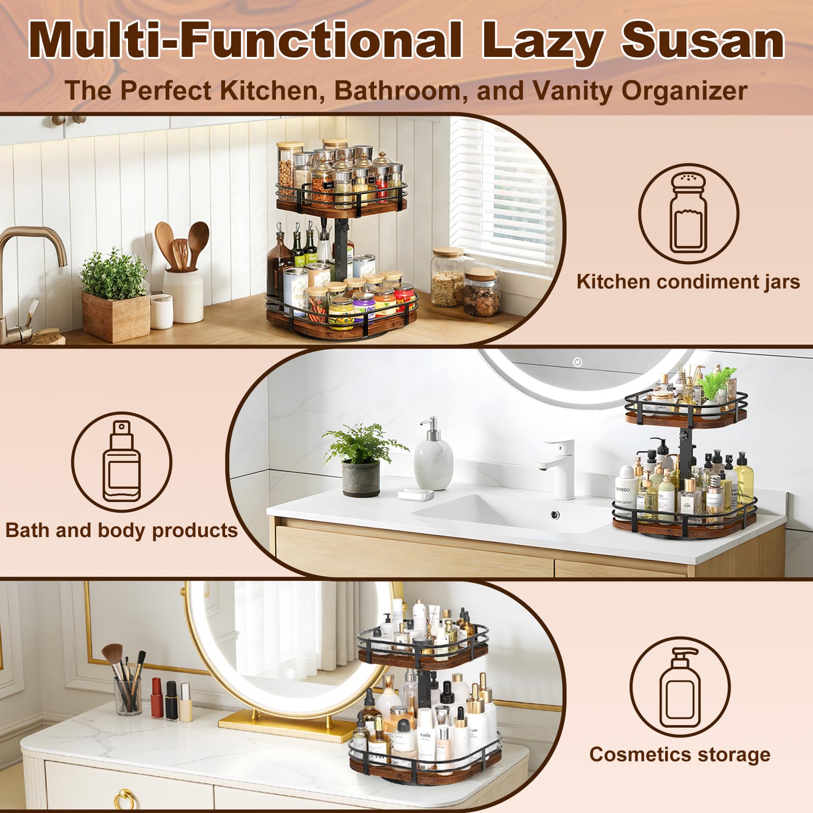 12" Large Lazy Susan Turntable Organizer Adjustable - Rotating Spice Rack for Table Top, 2 Tier Wood Spice Cabinet Organizer for Pantry Kitchen Countertop Coffee Bar Cupboard Bathroom Vanity Storage