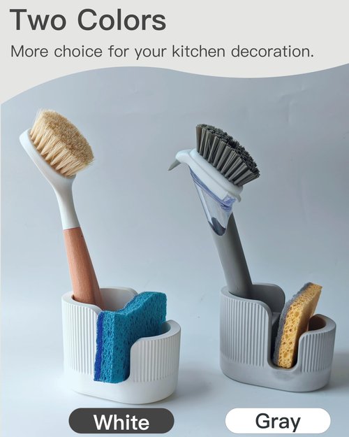 BekPooQ 2-in-1 Diatomite Sponge Holder for Kitchen Sink, Quick-Drying Dish Sponge and Brush Holder, Dish Wand Holder, Diatomite Stone Sink Tray, Ultra Absorbent Sinks Caddy Organizer,White