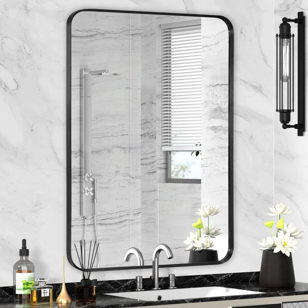 Regine Switzerland Black Framed Bathroom Mirror - Matte Rounded Corner Design | 24" x 32" Tempered Glass