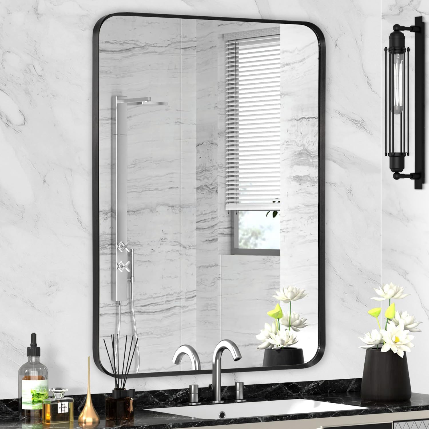 Regine Switzerland Black Framed Bathroom Mirror - Matte Rounded Corner Design | 24" x 32" Tempered Glass