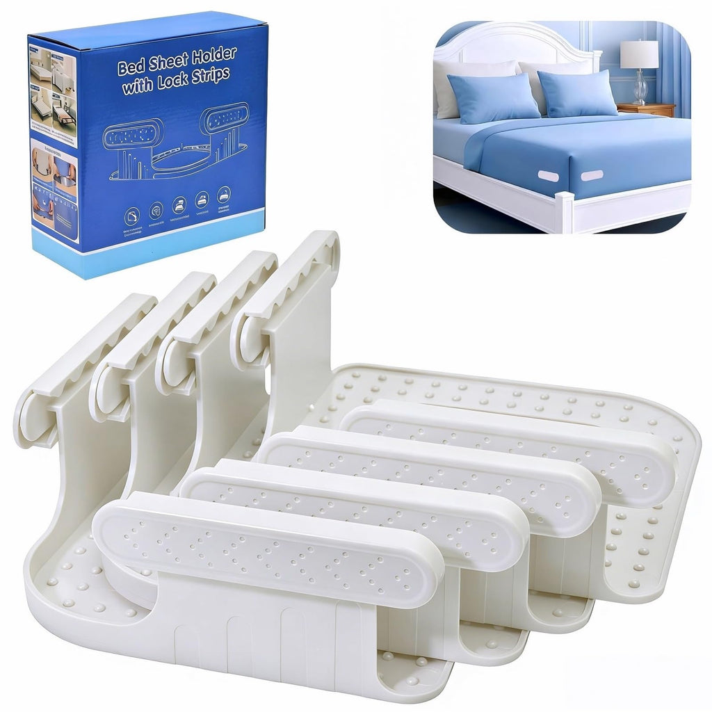 DDGEAA Bed Sheet Holders for Corners, Lock Sheet Holders, 4Pcs Fitted Sheet Holders Keep Sheets Firm & Tight, Durable Heavy Duty Bed Sheet Clips, Sheet Locks, Fit All Mattress Easy Install - White