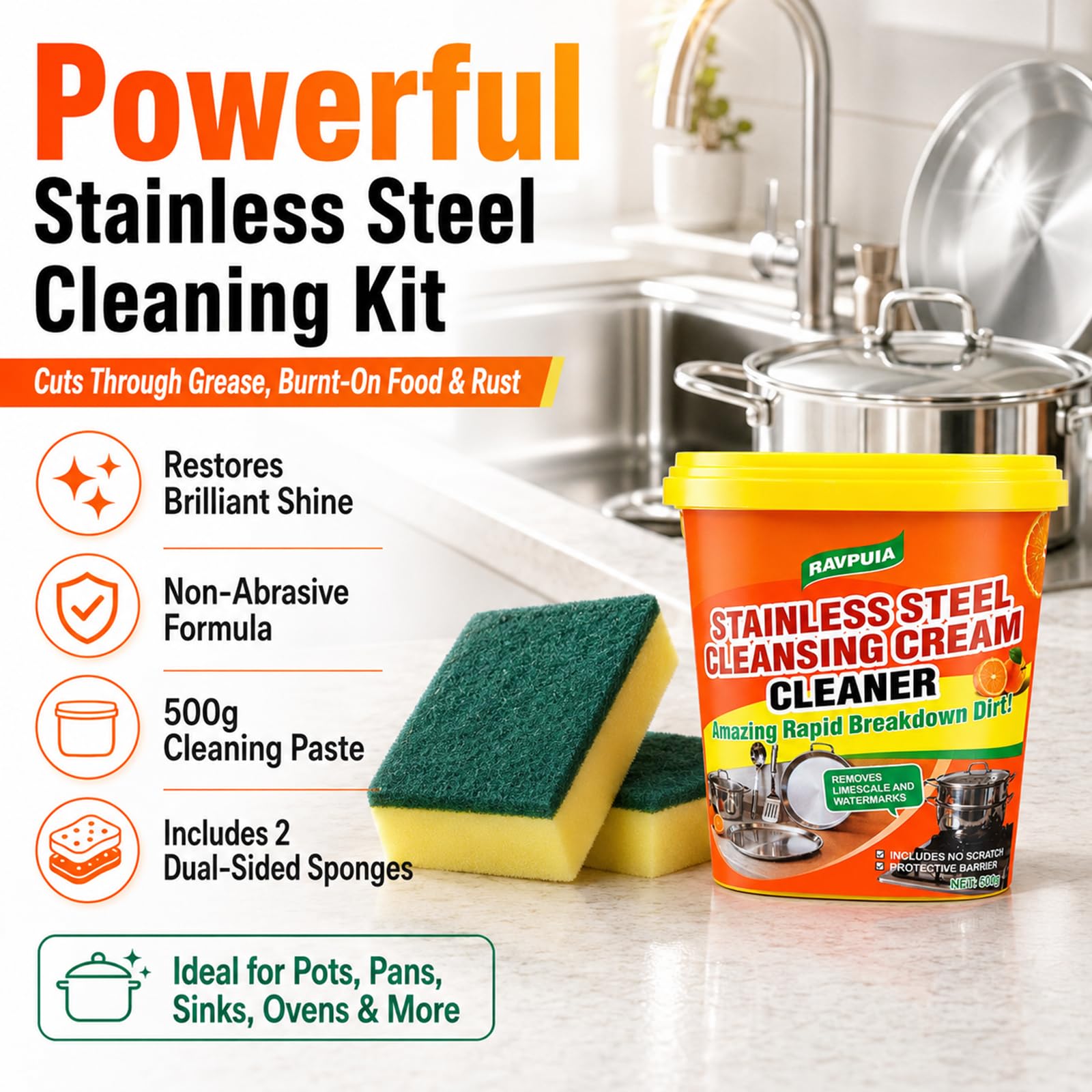 STAINLESS STEEL CLEANER & POLISH - Heavy Duty Cleaning Paste for Stove, Oven, Pans, Cookware, Sink | All Purpose Multi-Purpose Household Cleaner | Removes Grease & Stains | with 2 Sponges (500g)
