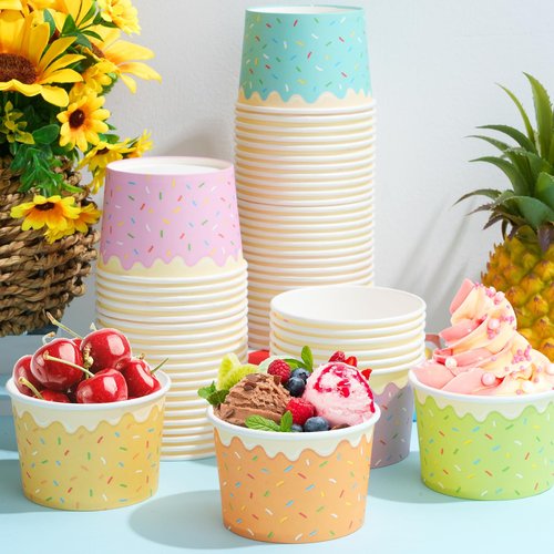 Hallswl 100pcs 9oz Ice Cream Bowls Disposable,Paper Ice Cream Cups,5 Color Sprinkles Food Containers for Dessert Snack Frozen Yogurt Soup and Summer Birthday Party Supplies