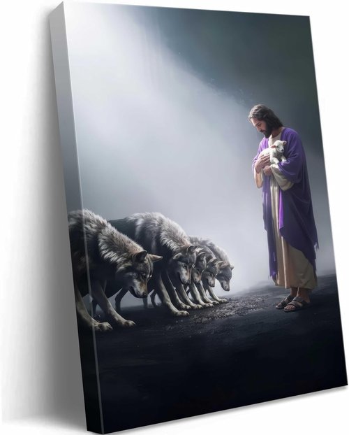 Jesus and Lamb Canvas Wall Art - Shepherd Protects Lamb | Inspirational Christian Decor for Home