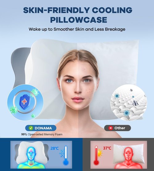 DONAMA Cervical Pillow for Neck and Shoulder,Contour Memory Foam Pillow,Ergonomic Neck Support Pillow for Side Back Stomach Sleepers with Pillowcase