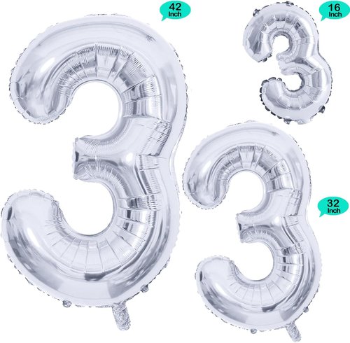 GOER Silver Foil Number 3 Balloons - Huge 42 Inch Birthday Party Decorations (3 Pack)