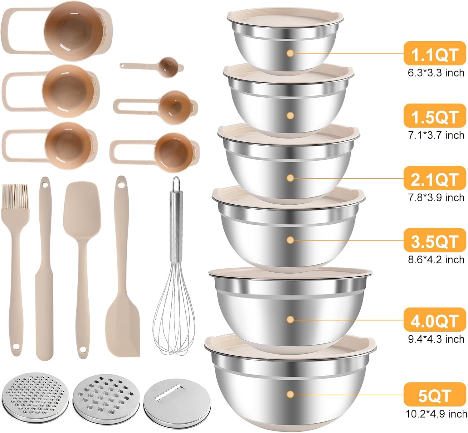 Skiennix Mixing Bowls Set - 20 PCS Kitchen Gadgets with Airtight Lids & Non-Slip Silicone Bottoms | Khaki