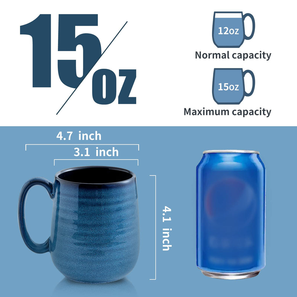 HASENSE Ceramic Coffee Mugs Set of 6, 15oz Large Coffee Mugs with Handle, Coffee Cups for Coffee, Tea, Latte & Cappuccino, Coffee Mugs for Men and Women, Microwave & Dishwasher Safe, Blue