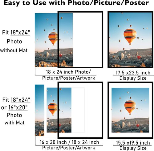 JCJMY 18x24 Picture Frame - Versatile Display for 16x20 Photos with Mat or 18x24 Without Mat, Black