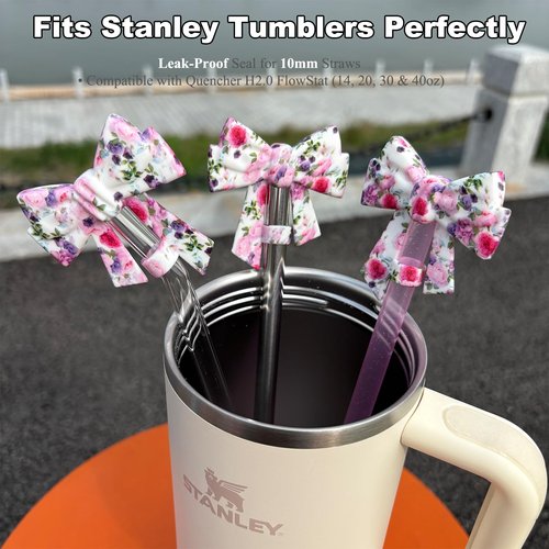 Amreich 3PCs 3D Bow Straw Toppers - Floral Printed Silicone Straw Cover Caps for 10mm Straws, Reusable Tumbler Accessories for Stanley Cup Cute Gifts for Her Valentines Christmas