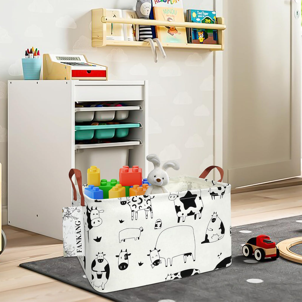 FANKANG Storage Basket,Nursery Hamper Canvas Laundry Basket Foldable with Waterproof PE Coating Storage, Office, Bedroom, Clothes,Toys(L, Rec-cows)