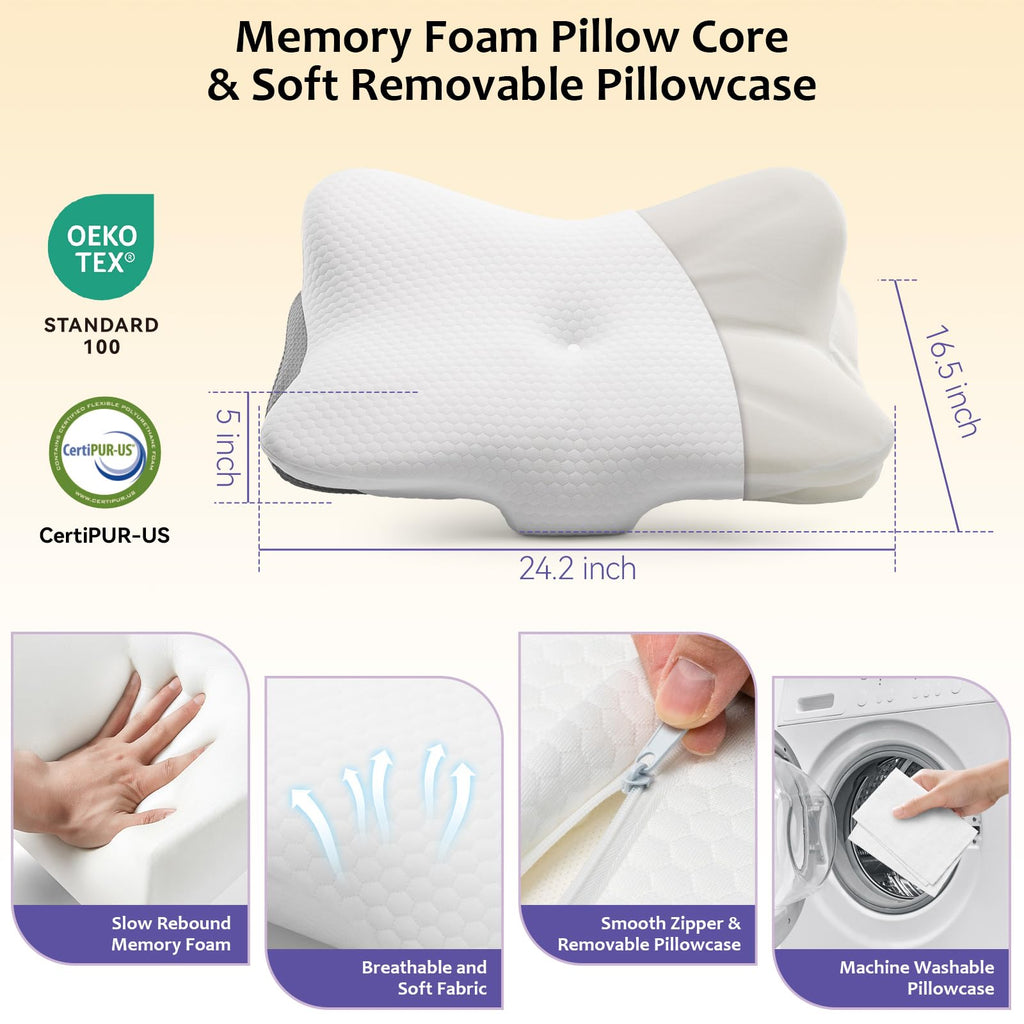 SUBCULTUREPICK Memory Foam Pillows, Cervical Pillow for Neck and Shoulder Pain Relief, Ergonomic Contour Bed Pillow, Soft for Side Sleep Stomach Sleeping and Back Sleeper (White)