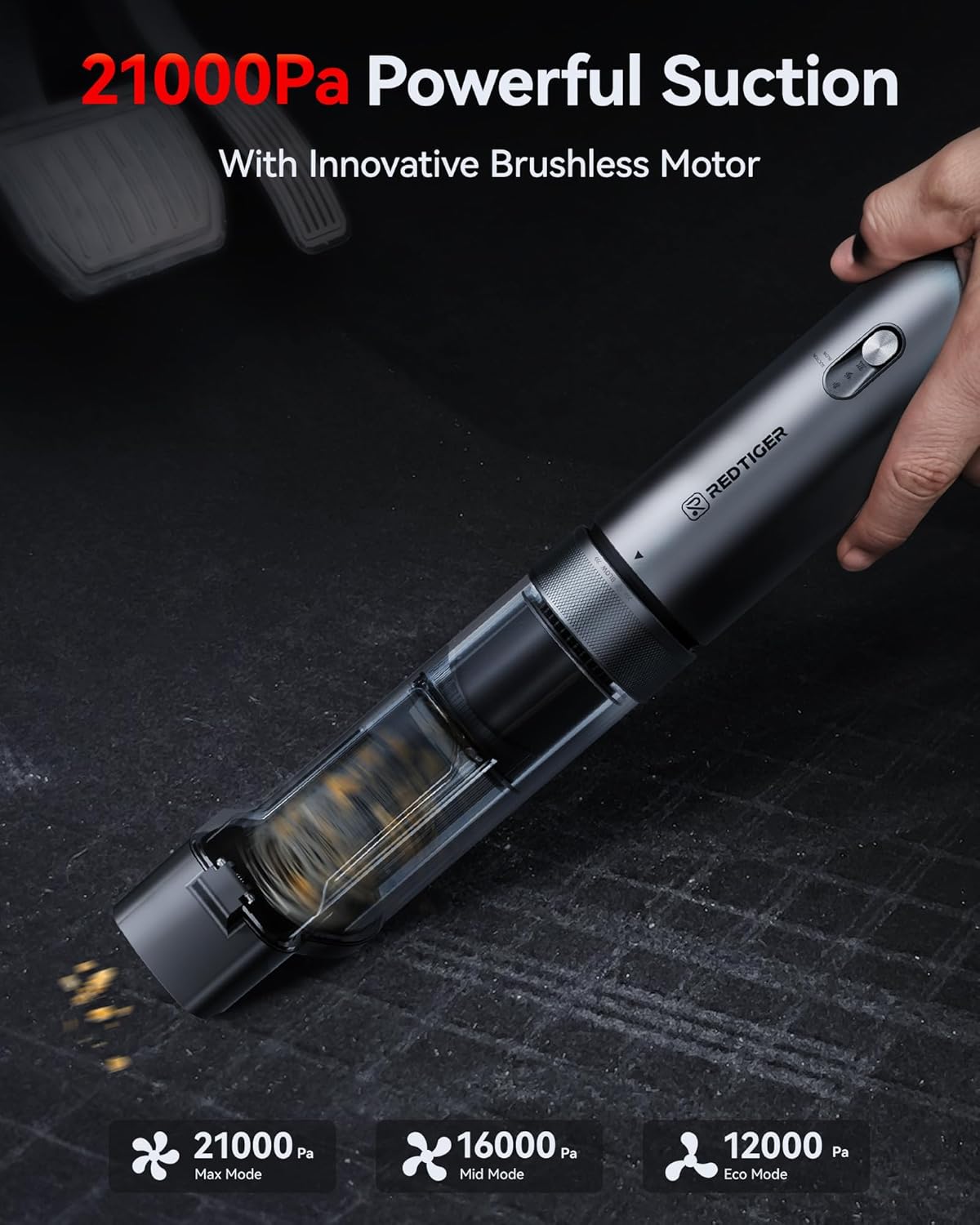 REDTIGER Cordless Car Vacuum - 21000PA Portable Handheld Cleaner with 70 Min Runtime | Fast USB-C Charge, Lightweight 4-in-1 Design