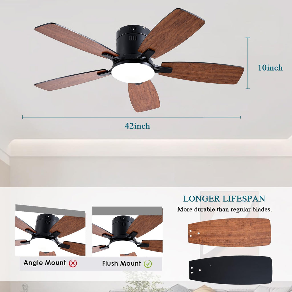 Ayaoty Ceiling Fans with Lights, 42 inch Low Profile Ceiling Fan with Light and Remote Control, Flush Mount, LED Dimmable DC Reversible Modern Ceiling Fan for Bedroom