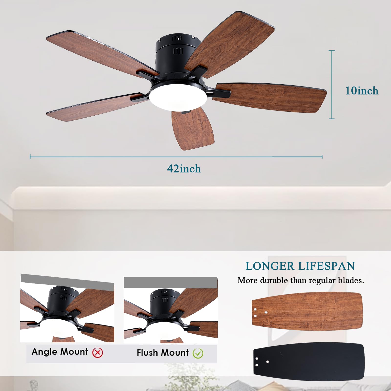 Ayaoty Ceiling Fans with Lights, 42 inch Low Profile Ceiling Fan with Light and Remote Control, Flush Mount, LED Dimmable DC Reversible Modern Ceiling Fan for Bedroom