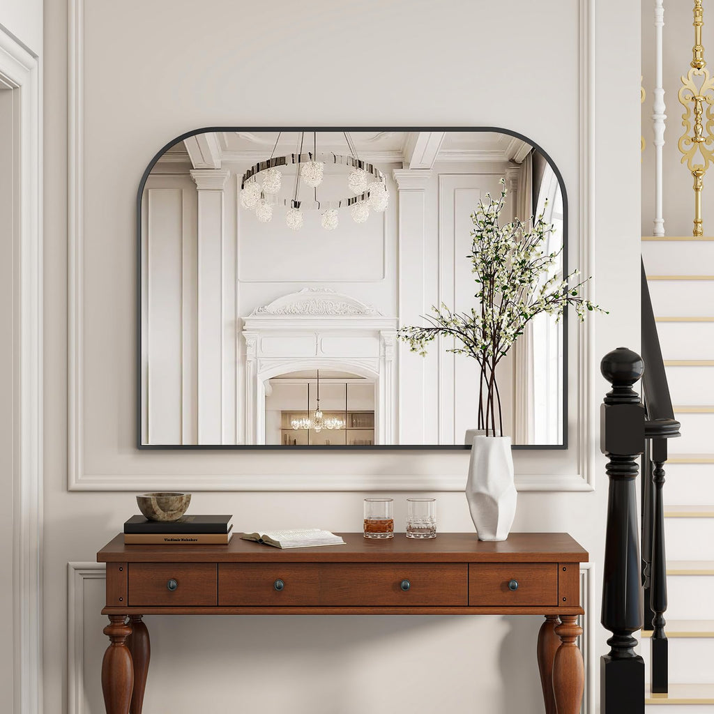 VETROVUE Black Arched Top Wall Mounted Mirror - 38 x 30 Inch Round Cruved Top Bathroom Vanity Mirror, Aluminum Metal Framed, Home Decor for Living Room, Bedroom, Fireplace, Mantle, Entryway