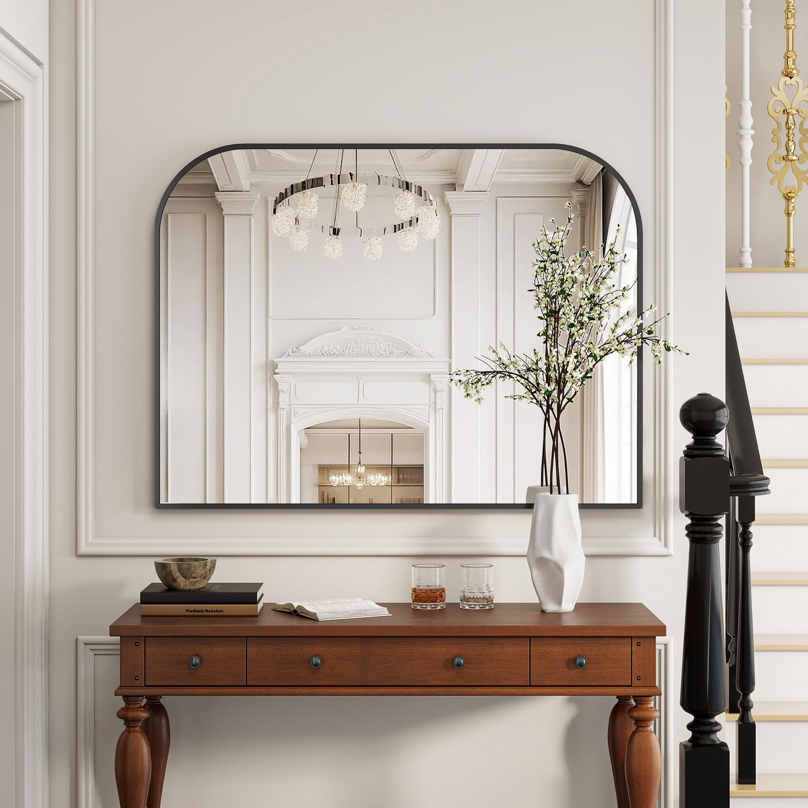 VETROVUE Black Arched Top Wall Mounted Mirror - 38 x 30 Inch Round Cruved Top Bathroom Vanity Mirror, Aluminum Metal Framed, Home Decor for Living Room, Bedroom, Fireplace, Mantle, Entryway
