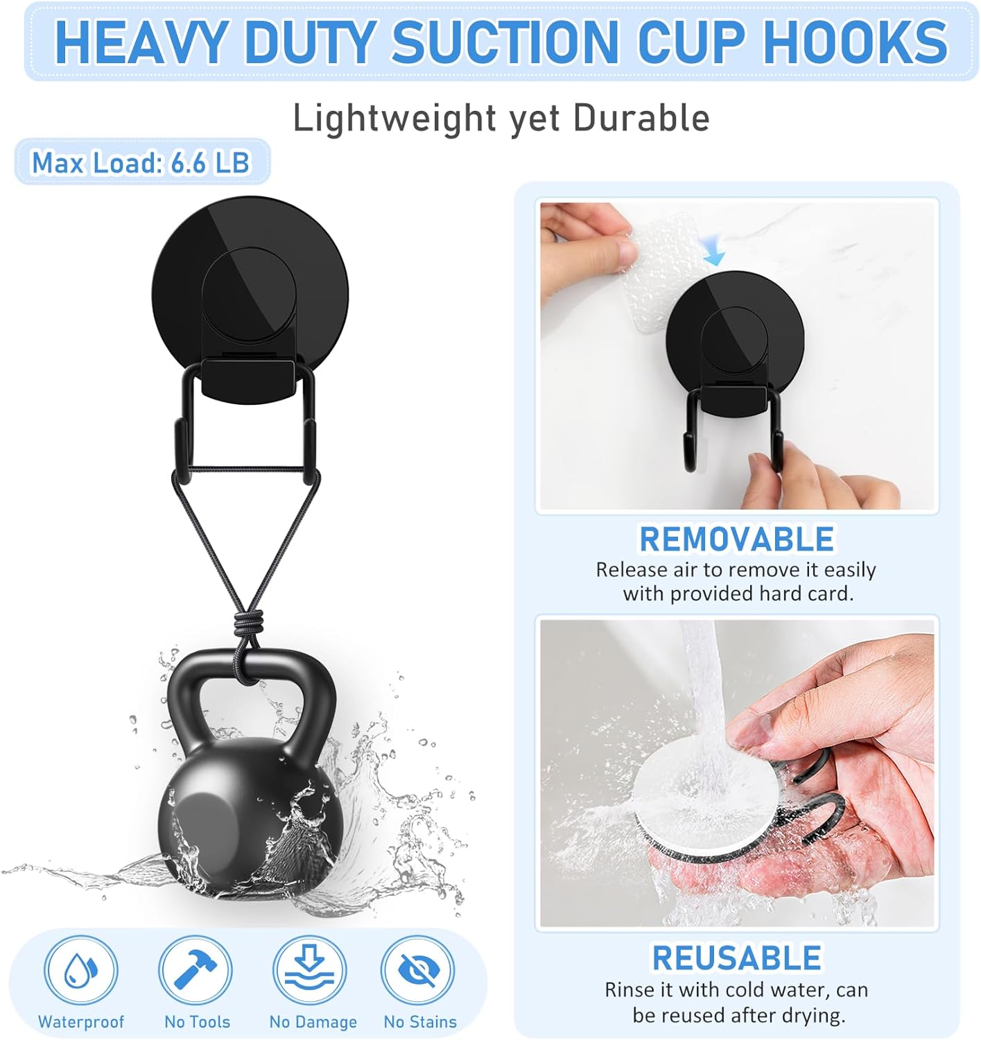 VIS'V Heavy Duty Shower Suction Cup Hooks - Removable & Reusable Double Hooks, Black (2 Pcs)