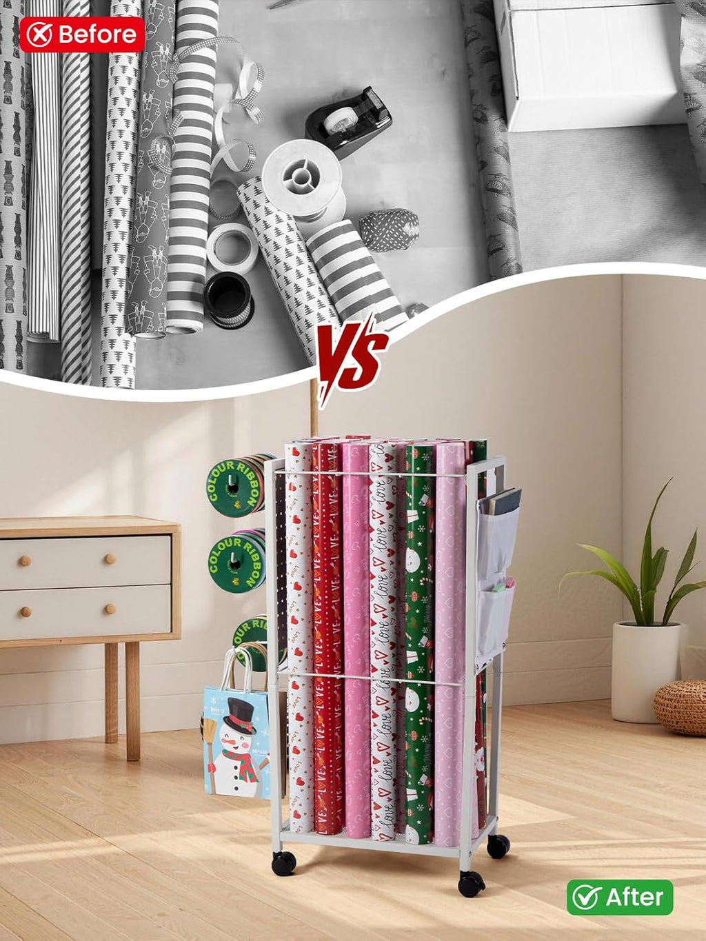 Wrapping Paper Cart - Gift Wrap Organizer with Ribbon Storage | 12 PCS Slap Bracelets Included