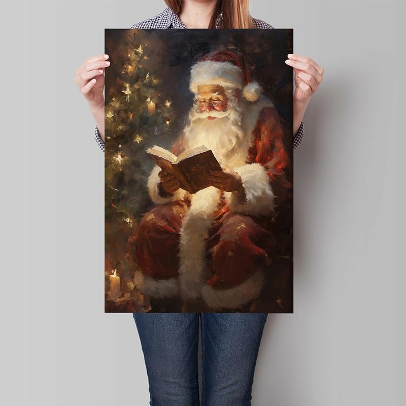 Vintage Santa Reading Canvas Wall Art – 12x16in, Unframed, Claus Variation