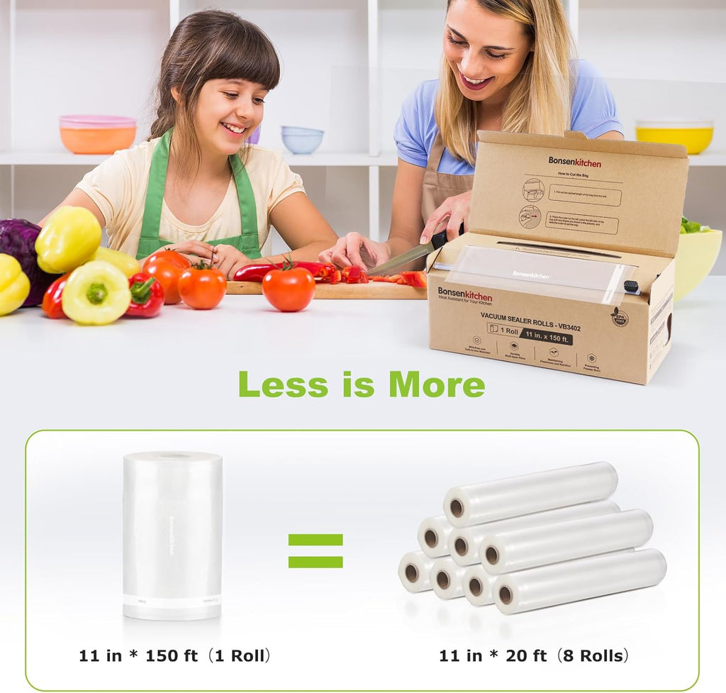 Bonsenkitchen Vacuum Sealer Bags Rolls - 11” x 150’ with Cutter, BPA Free for Meal Prep & Sous Vide Cooking | Easy to Cut & Seal