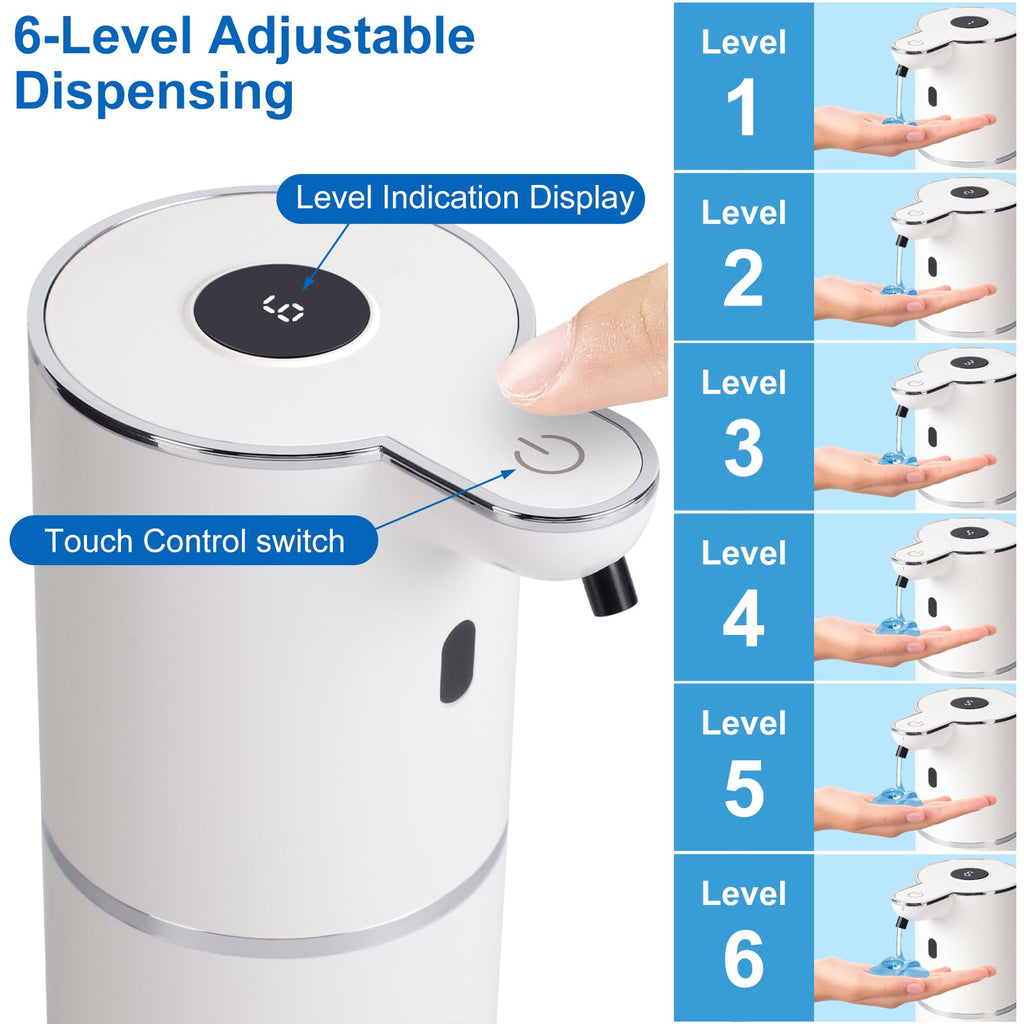 Automatic Soap Dispenser, Hand Soap Dispenser 12.8oz/380ml Smart Rechargeable, Liquid Touchless Soap Dispensers with 6-Level, Wall Mounted or Countertop Dish Soap Dispensing for Bathroom & Kitchen