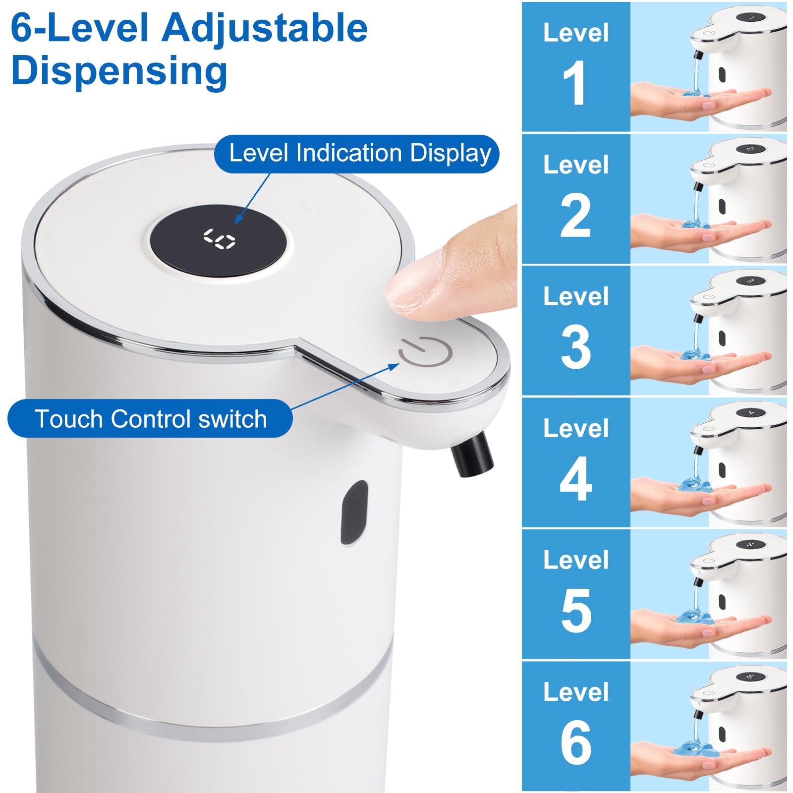 Automatic Soap Dispenser, Hand Soap Dispenser 12.8oz/380ml Smart Rechargeable, Liquid Touchless Soap Dispensers with 6-Level, Wall Mounted or Countertop Dish Soap Dispensing for Bathroom & Kitchen