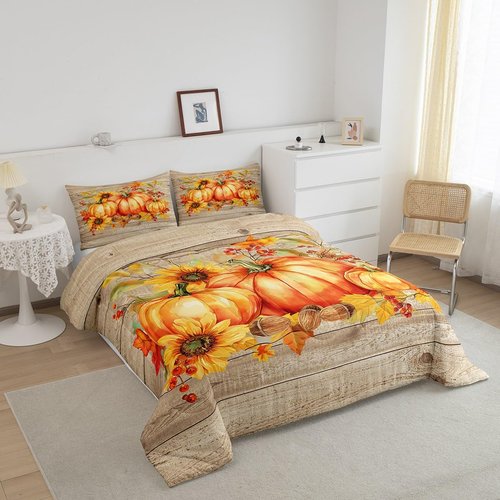 Happy Thanksgiving Fall Harvest Comforter Set Farm Leaves With Pumpkin Quilt Queen, Rustic Barn Door Bedding Set Autumn Maple Farmhouse Duvet Insert For Kids Boys Girls Teens Adult, Brown Gold