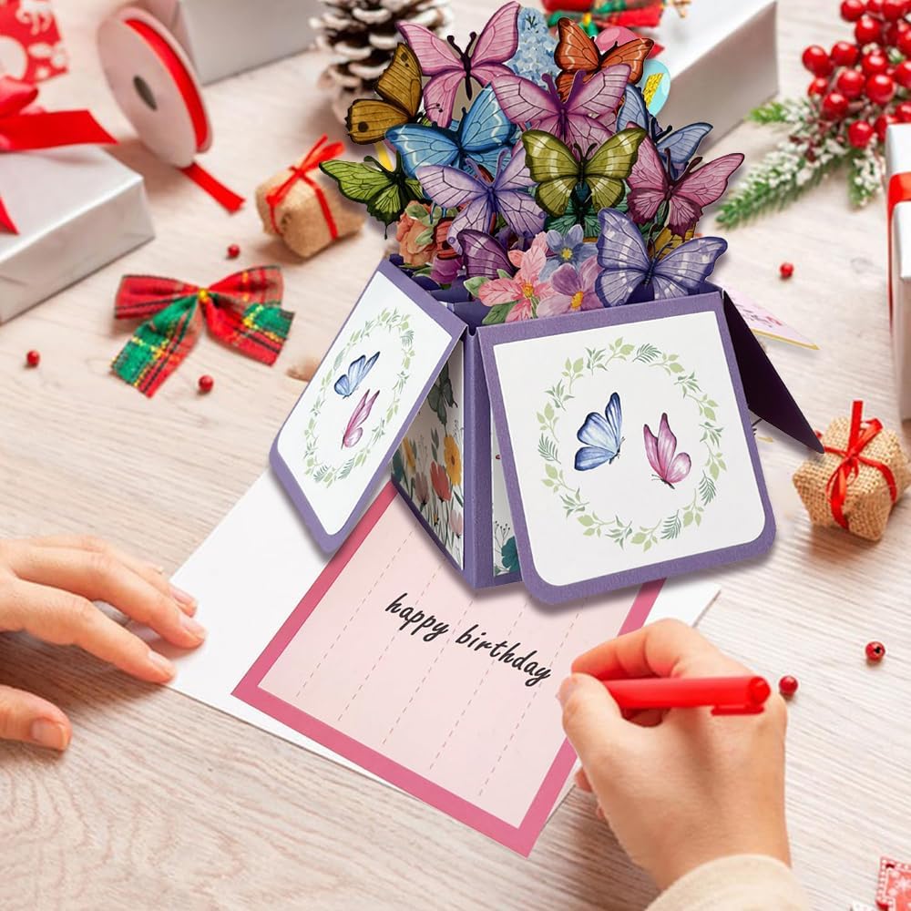 Regine Switzerland Pop-Up Greeting Cards - Butterfly & Bouquet Design with Envelopes | Perfect for Family & Friends