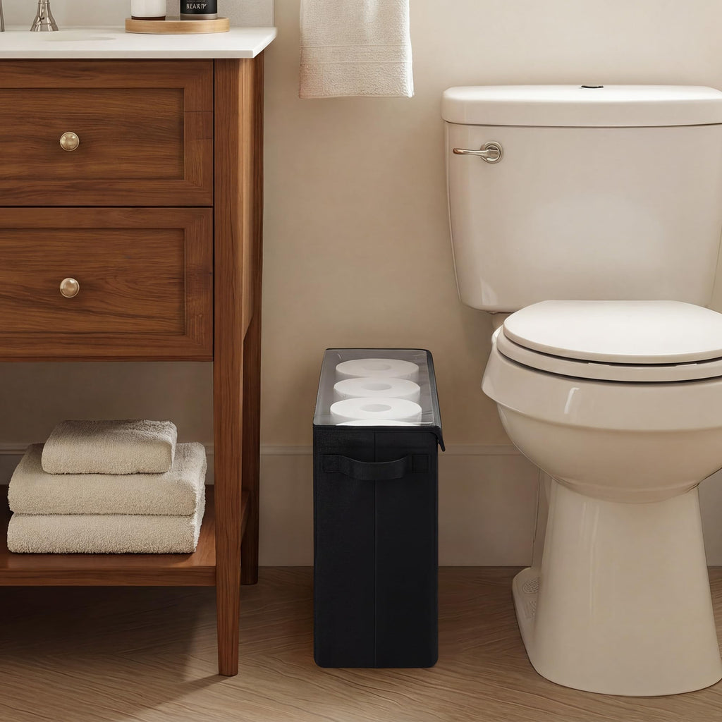 Cupic Cupid Toilet Paper Storage Baskets, Bathroom Toilet Paper Storage with Lid, Holds 12 Regular or 9 Mega Rolls, Slim Toilet Tissue Holder Basket with Clear PVC Lid and Handles, Black