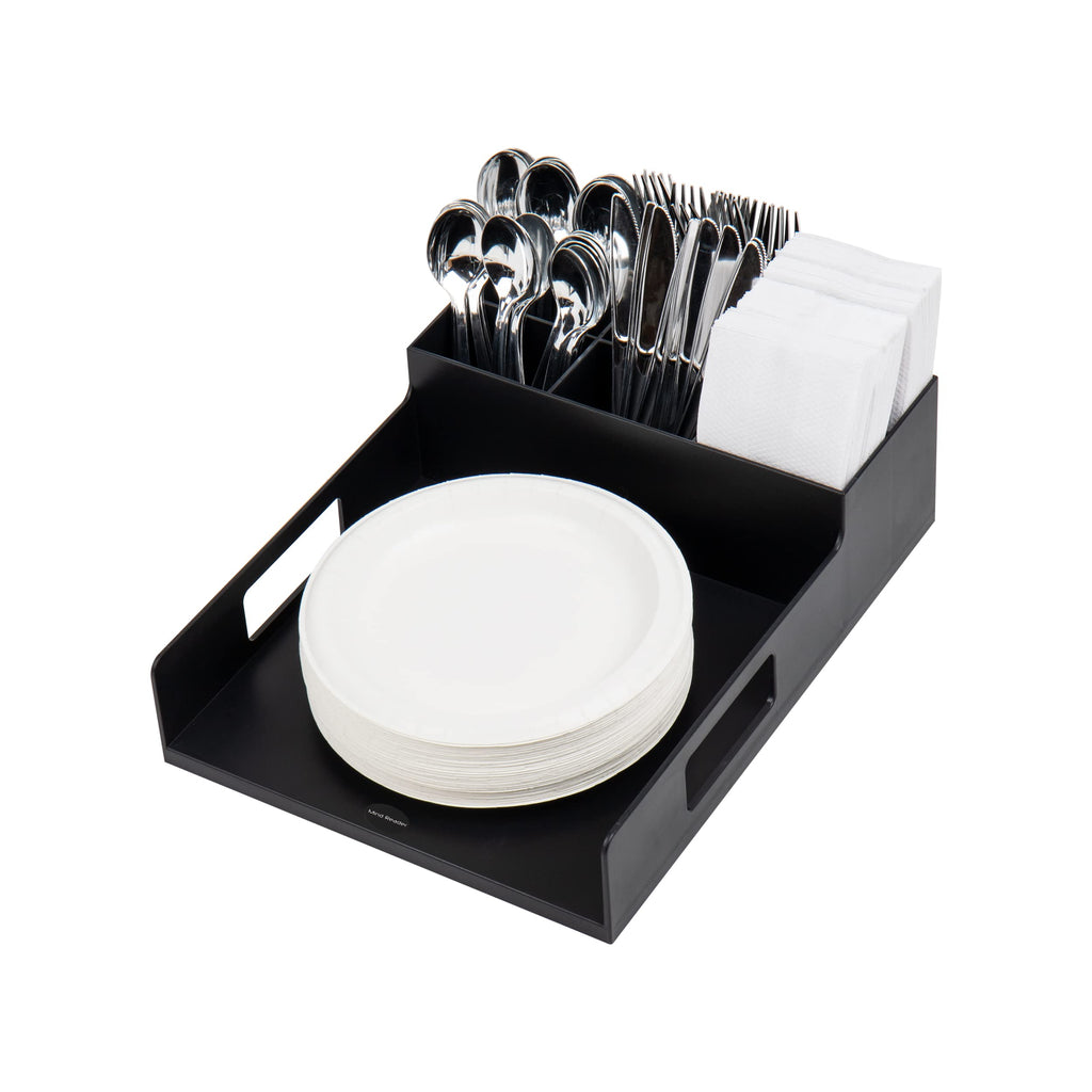 Mind Reader Utensil Napkin and Plate Organizer Tray, Countertop Caddy with 7 Compartments, Holds Plates up to 10.5 Inches, Breakroom and Buffet Organizer, Plastic, Black