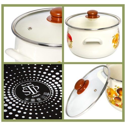 Enamel Aluminum Casserole & Colander Pasta Set with Complimentary Cotton Kitchen Towel & Spatula 1 pot, 1 glass lid, 1 colander (Mushrooms)