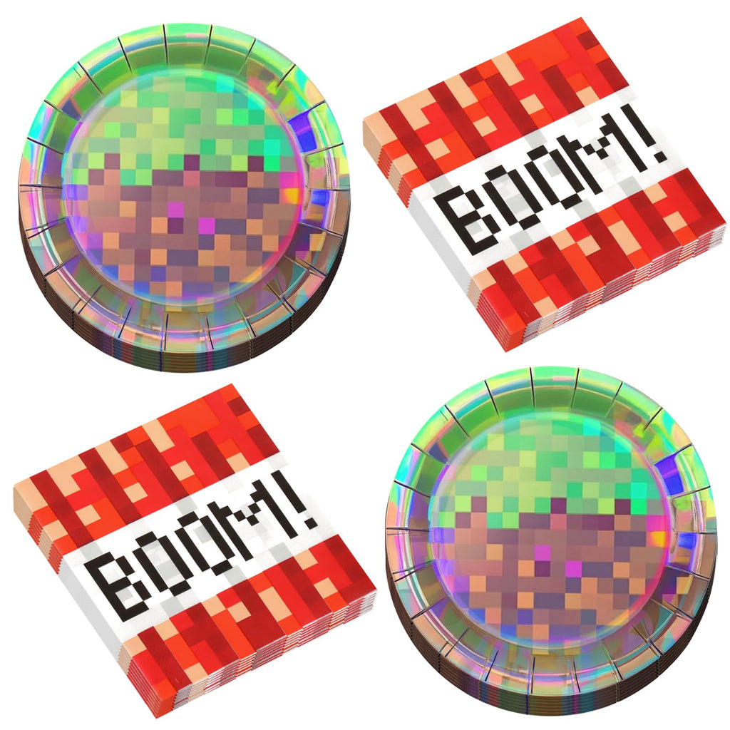 50Pcs Iridescent Pixel Party Plates and Napkins Set Video Game Disposable Tableware Set Pixel Dessert Plates Gaming Party Supplies Birthday Decorations for Kids Baby Shower Teen Gamer Serve 25
