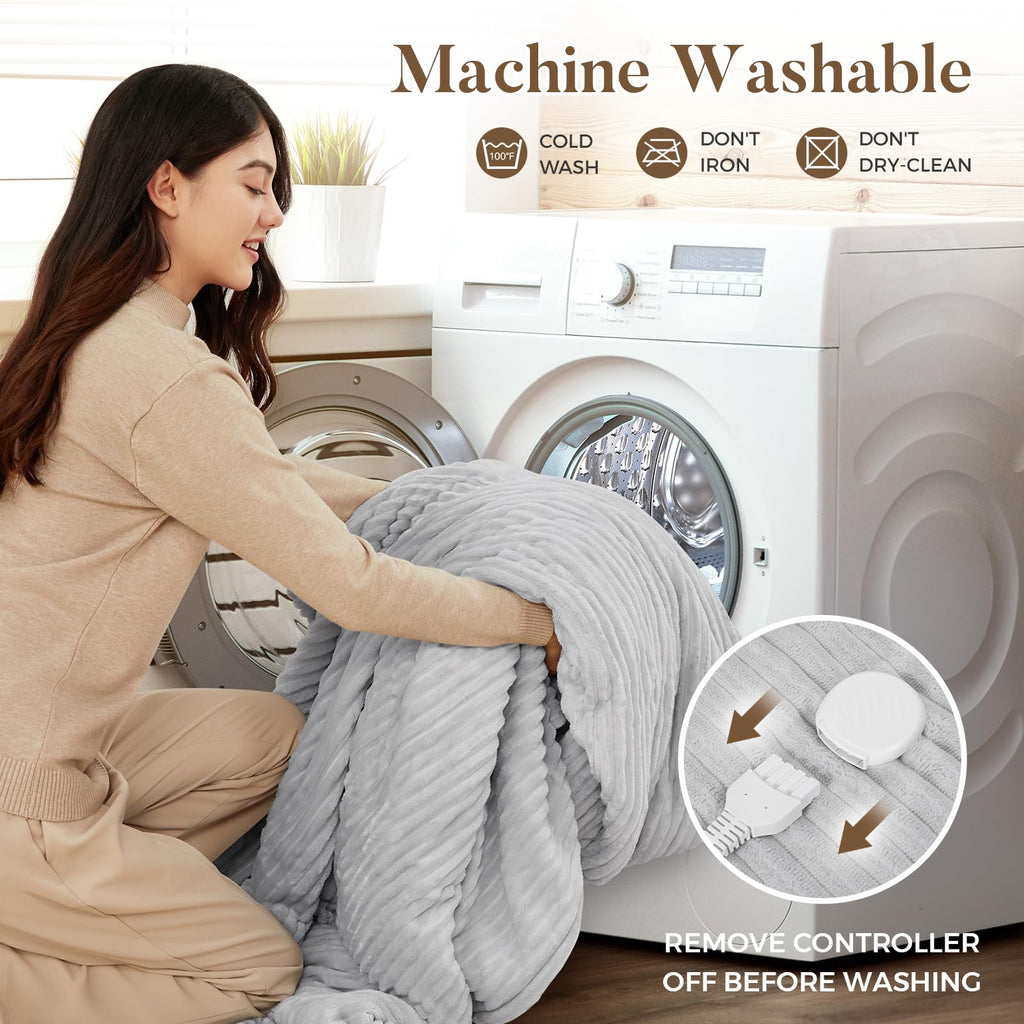 Electric Heated Blanket Queen Size 84" x 90" | 6 Heating Levels & 8h Auto Timer | Full Body Fast Heating and Ultra Soft Flannel, Machine Washable Bed Sofa Home Office Use, Light Grey