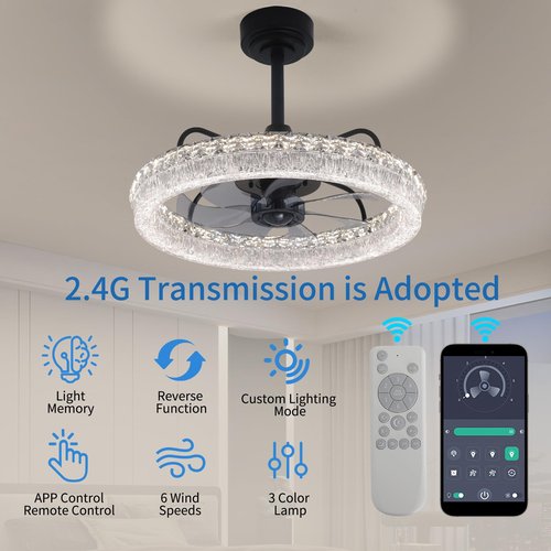 Hrtghzir 19.88" Ceiling Fans with Lights and Remote, Modern Crystal Chandelier Quiet Ceiling Fans, 3000K-6500K Smart Blade LED Fan Light, Modern Ceiling Fan with Lights for Bedroom, Black