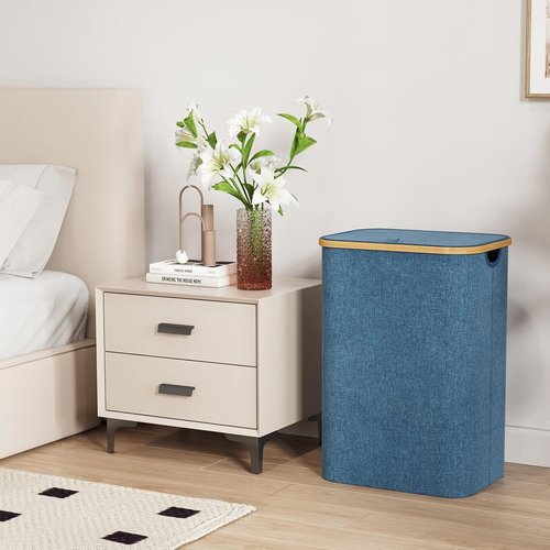 Lifewit 80L Laundry Basket - Foldable Clothes Hamper with Lid & Bamboo Handles | Dark Blue