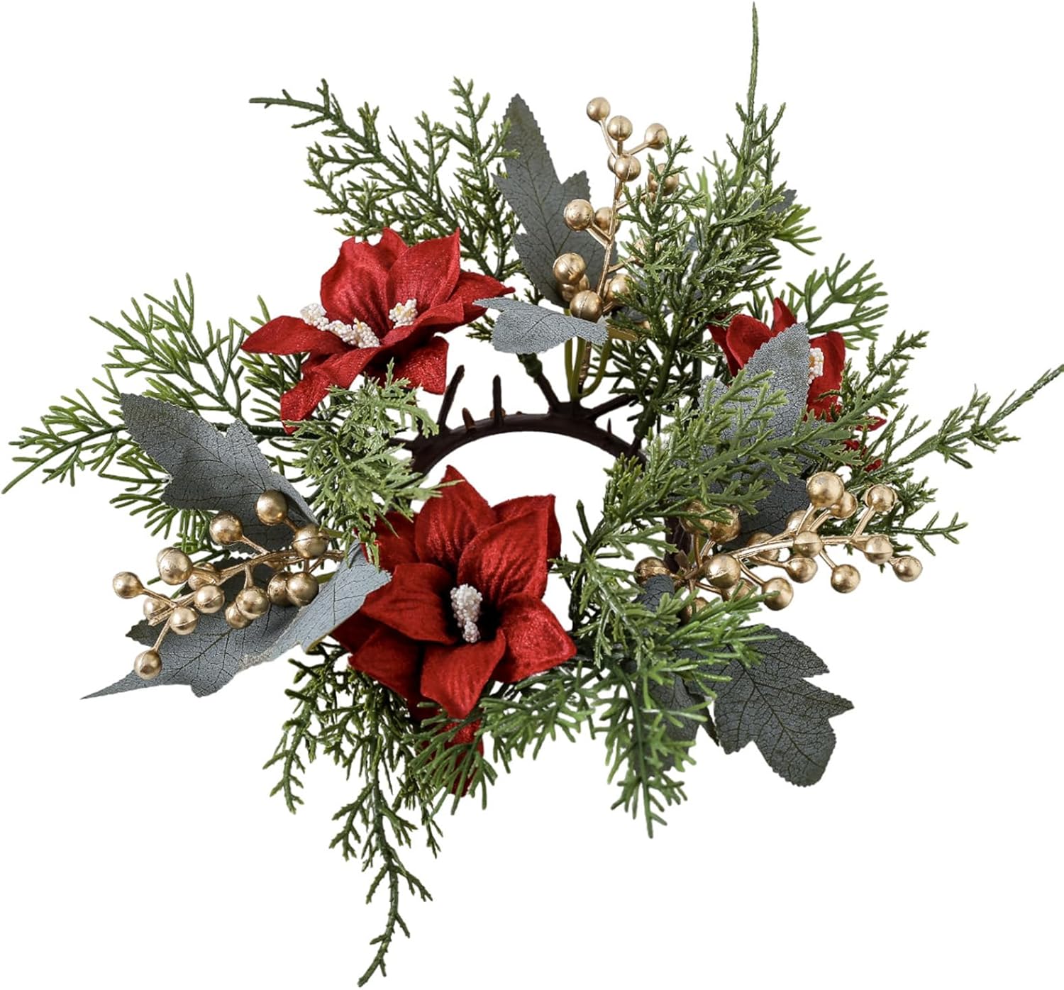 Skiennix Christmas Candle Rings - Elegant Artificial Flower & Gold Berries Holders | 2-Piece Set for Winter Decor
