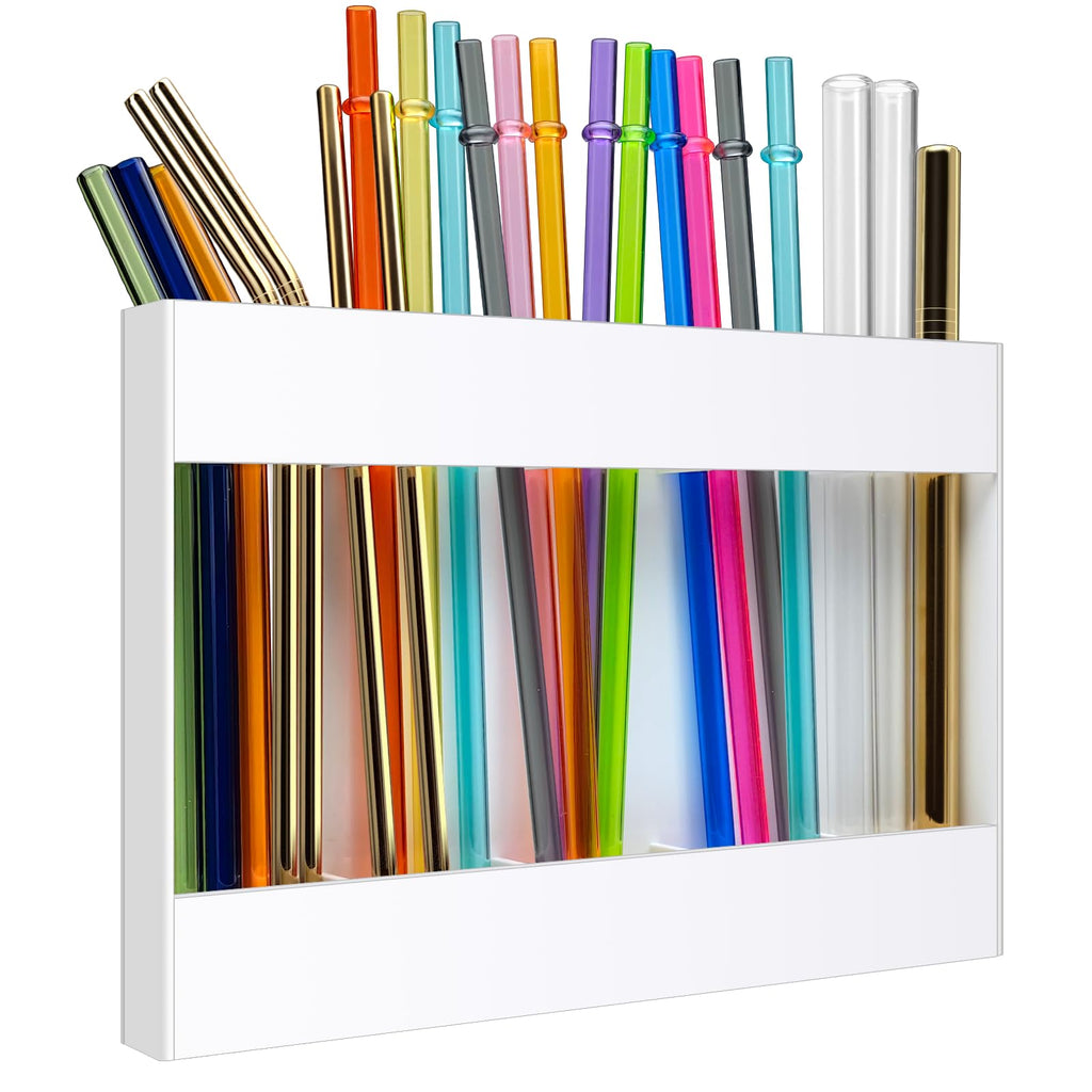 Acrylic Straw Holder for Cabinet Door with Double Sided Adhesive Tape, Tall Drinking Straws Dispensers, Reusable Straw Organizer Kitchen Storage Accessories for Cupboard, Counter (White)