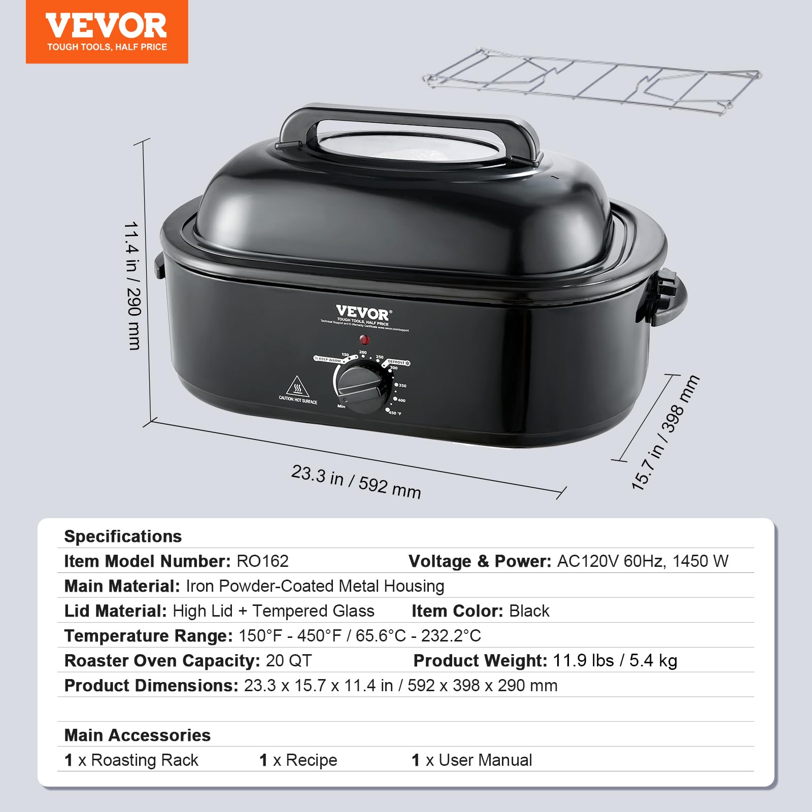VEVOR Electric Roaster Oven, 20 QT Turkey Roaster with Self-Basting Lid, 1450W Roaster with Defrost & Warm Function, Adjustable Temperature, Removable Pan & Rack, Fits Turkeys Up to 24LBS