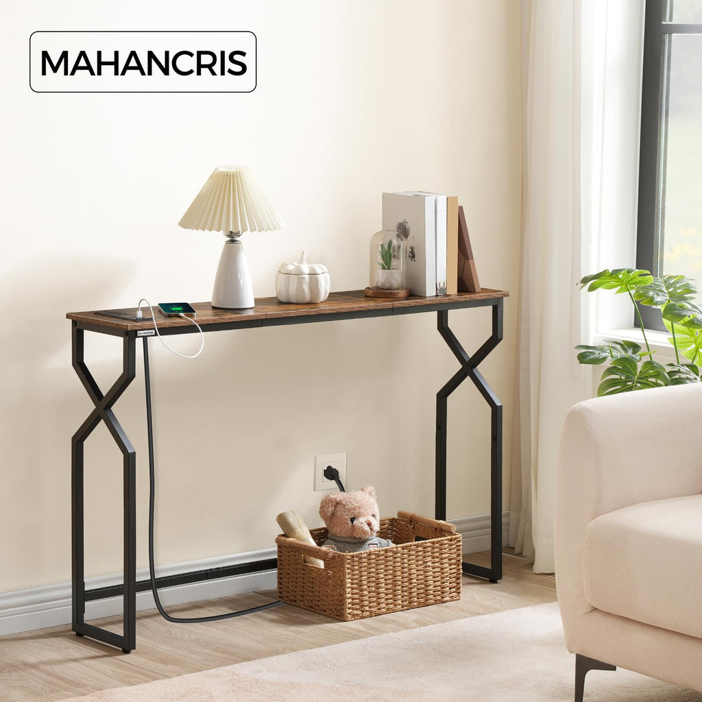 MAHANCRIS Sofa Console Table, 44.9" Entryway Table with Charging Station, Narrow Couch Table, Hallway Table, Sofa Table with USB Ports, Metal Frame, for Entrance, Living Room, Rustic Brown CTHR113E01