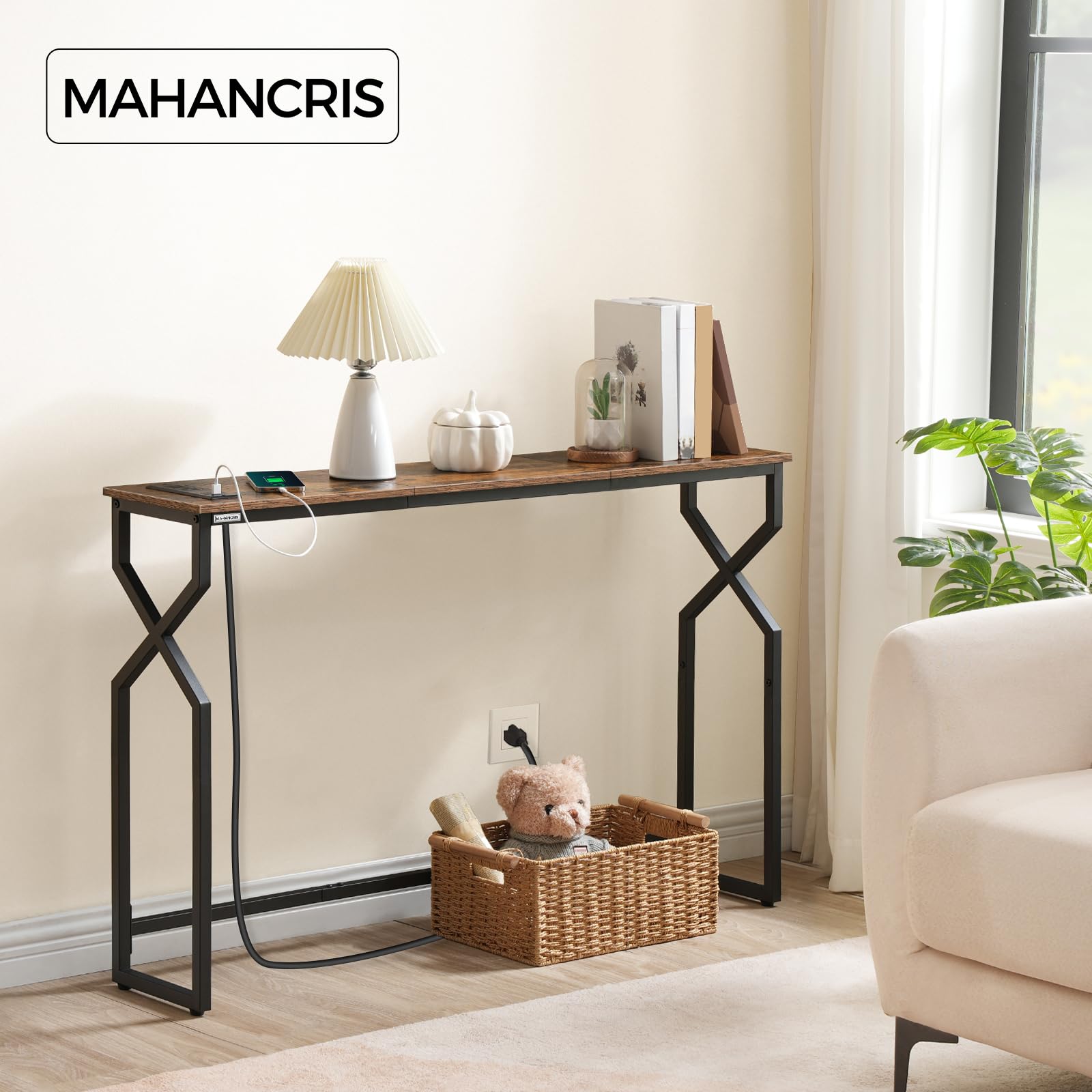 MAHANCRIS Sofa Console Table, 44.9" Entryway Table with Charging Station, Narrow Couch Table, Hallway Table, Sofa Table with USB Ports, Metal Frame, for Entrance, Living Room, Rustic Brown CTHR113E01