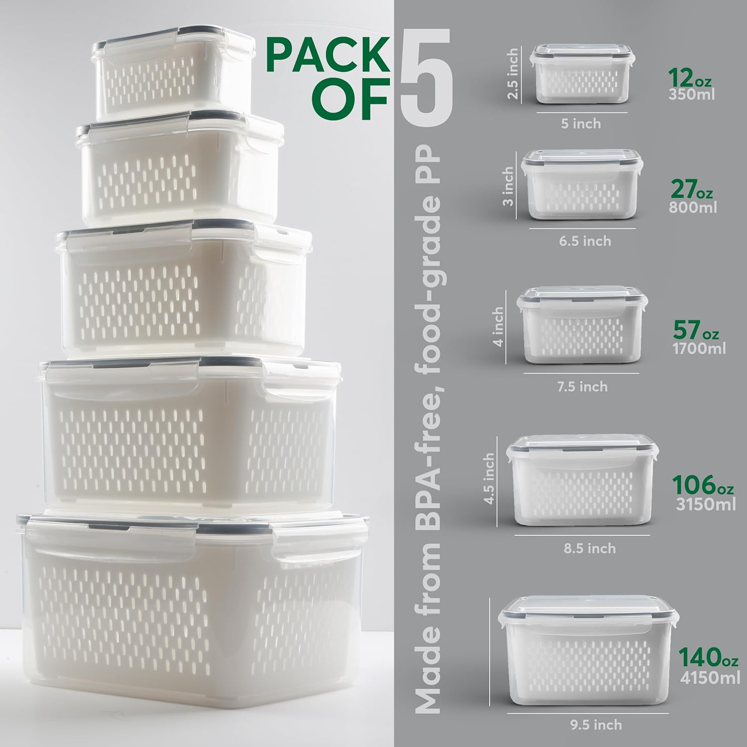 Skiennix Fruit Storage Containers - 5 Set BPA-Free, Leakproof & Dishwasher Safe for Fresh Produce