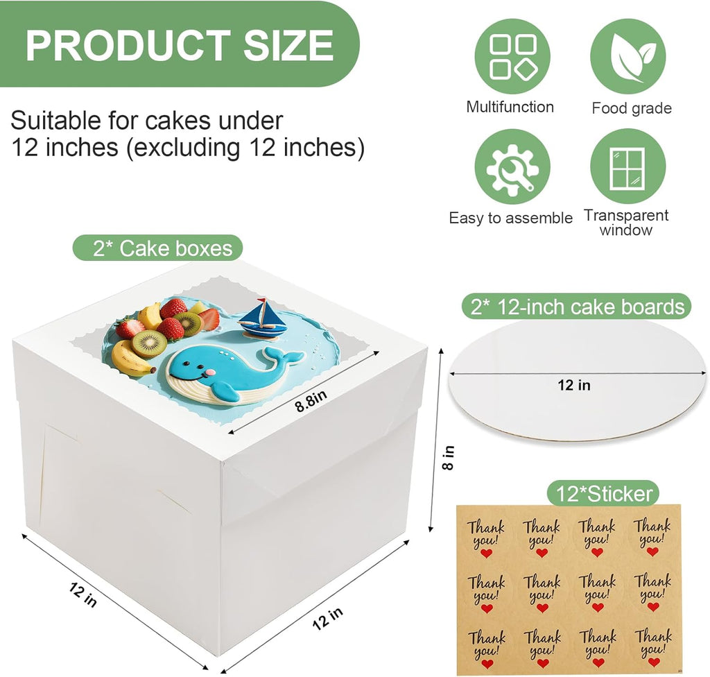 Regine Switzerland Cake Boxes - 12x12x8 Inches Tall White Bakery Boxes with Large Window | 2 Pack for Cakes, Cookies, Pies