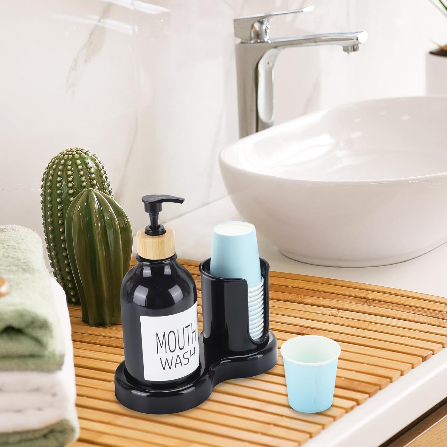 Skiennix Mouthwash Dispenser - 16oz Plastic Bottle with Cup Holder & Tray - Black