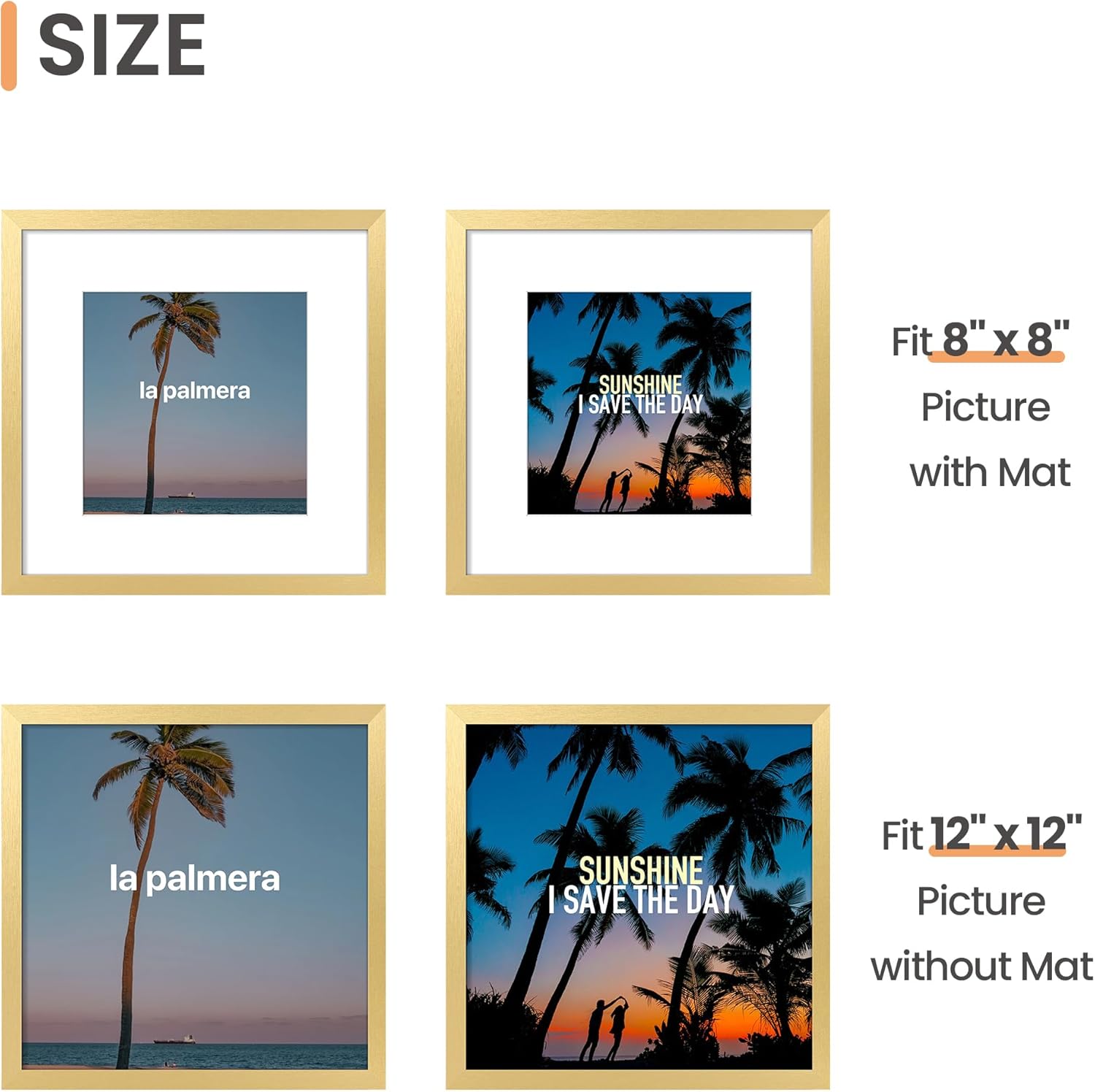 Upsimples 12x12 Picture Frame - Elegant Gold Wall Hanging Frame for 8x8 Photos with Mat