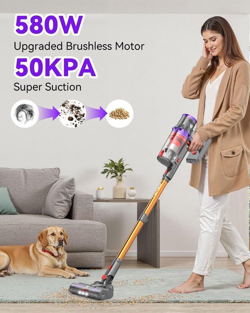 Coovy SU7 Cordless Vacuum Cleaner - 580W Power, 80 Minutes Runtime, Touch Screen | Lightweight, Anti-Tangle, Gold