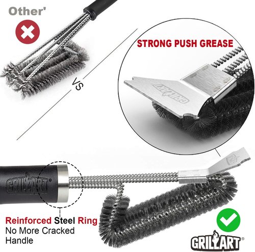 GRILLART Grill Brush - 18" Stainless Steel BBQ Brush with 3-in-1 Bristles for Safe Cleaning