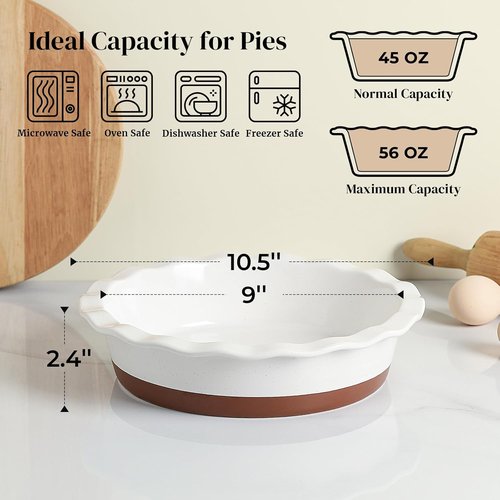DOWAN 9-Inch Deep Pie Pan - Non-Stick Ceramic Baking Dish with Ruffled Edge | Alabaster White, 56 OZ