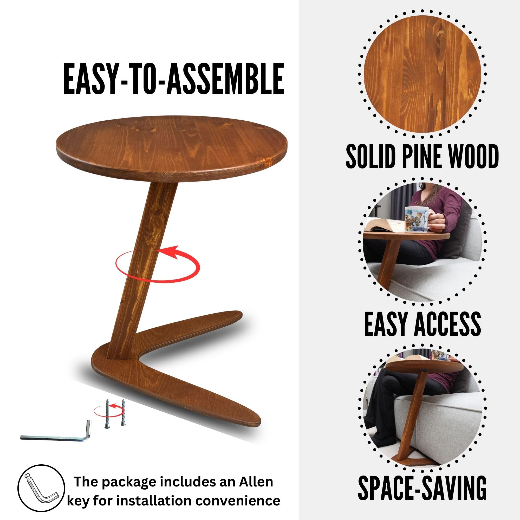 GENESIS WOODESIGN C-Shaped Handmade End Table, Side Table for Couches, Sofa Tables Slide Under Couch for Living Room, Over Couch TV Tray Table for Small Spaces (Large, Chestnut)