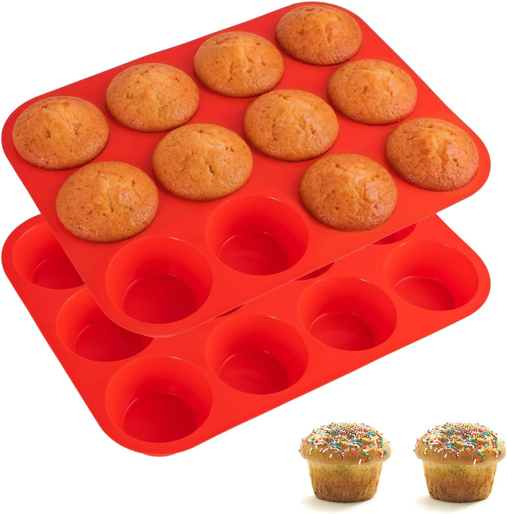 Skiennix Silicone Cupcake Pan - Nonstick 12-Cup Baking Mold | Durable, Flexible & Easy to Clean - Red